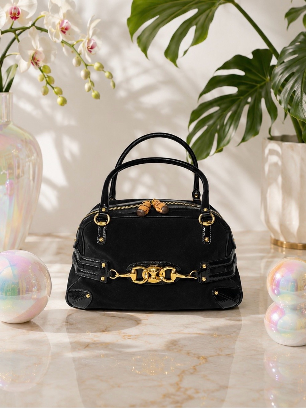 Tom Ford Era Gucci Black Suede Horsebit Satchel Bag with Bamboo Zip Pulls